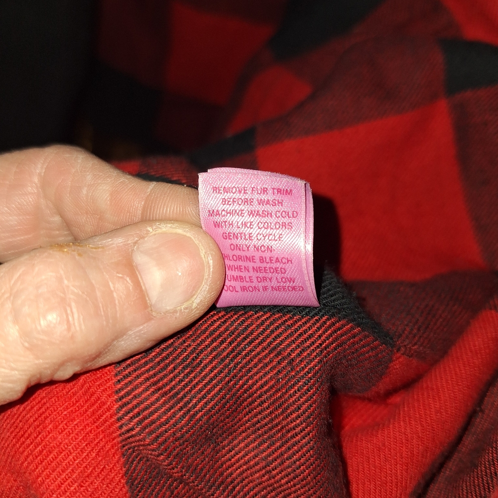PINK Victoria's Secret Black Peacoat with Red Plaid Lining and Faux Fur Trim - Picture 11 of 16